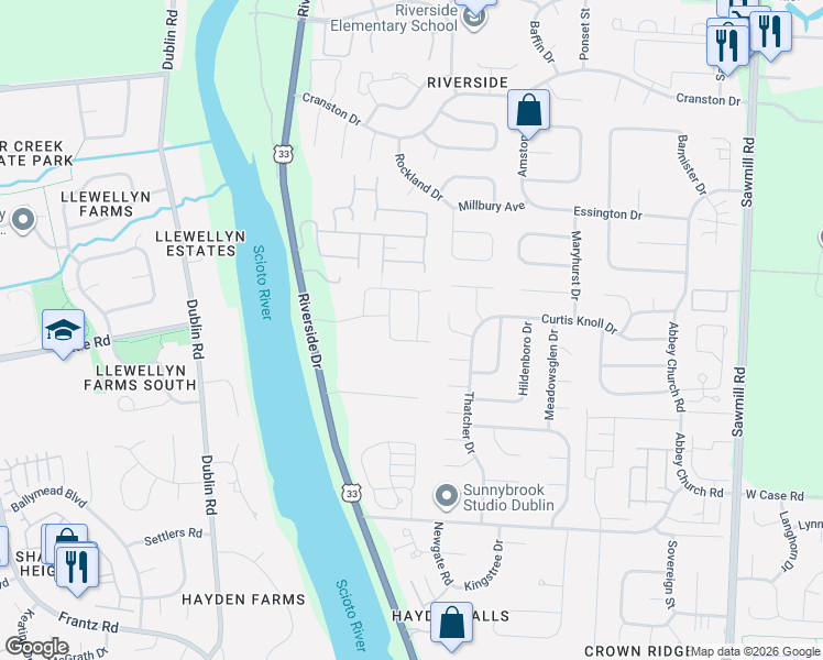 map of restaurants, bars, coffee shops, grocery stores, and more near 6053 Deer Bluff Place in Dublin