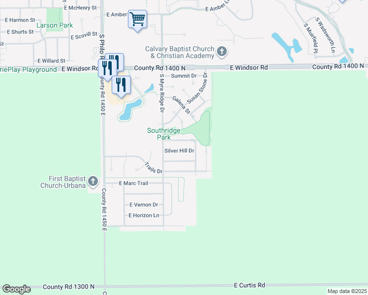 map of restaurants, bars, coffee shops, grocery stores, and more near 1902 Silver Hill Drive in Urbana