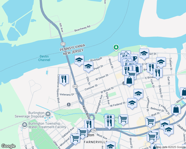 map of restaurants, bars, coffee shops, grocery stores, and more near 235 Brown Street in Burlington