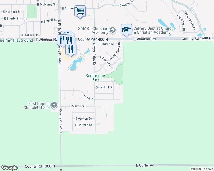 map of restaurants, bars, coffee shops, grocery stores, and more near 1902 Silver Hill Drive in Urbana