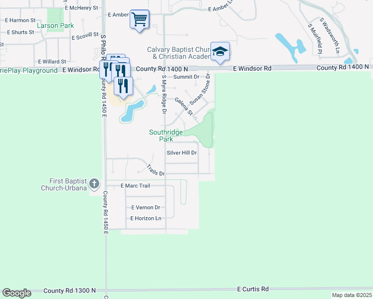map of restaurants, bars, coffee shops, grocery stores, and more near 1902 Silver Hill Dr in Urbana