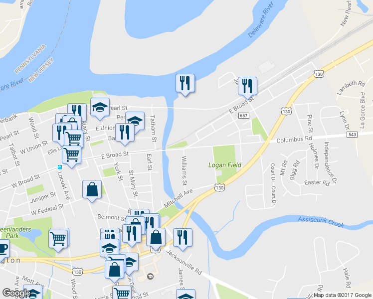 map of restaurants, bars, coffee shops, grocery stores, and more near 506 County Route 655 in Burlington