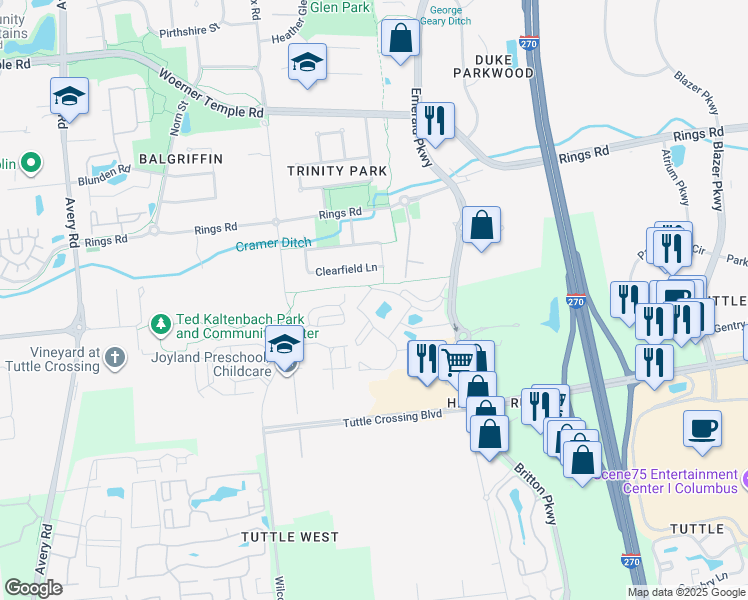 map of restaurants, bars, coffee shops, grocery stores, and more near 5755 Heathstead Drive in Dublin