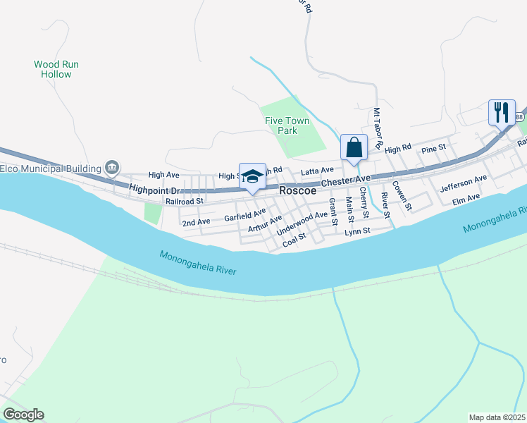 map of restaurants, bars, coffee shops, grocery stores, and more near 200 Church Street in Coal Center