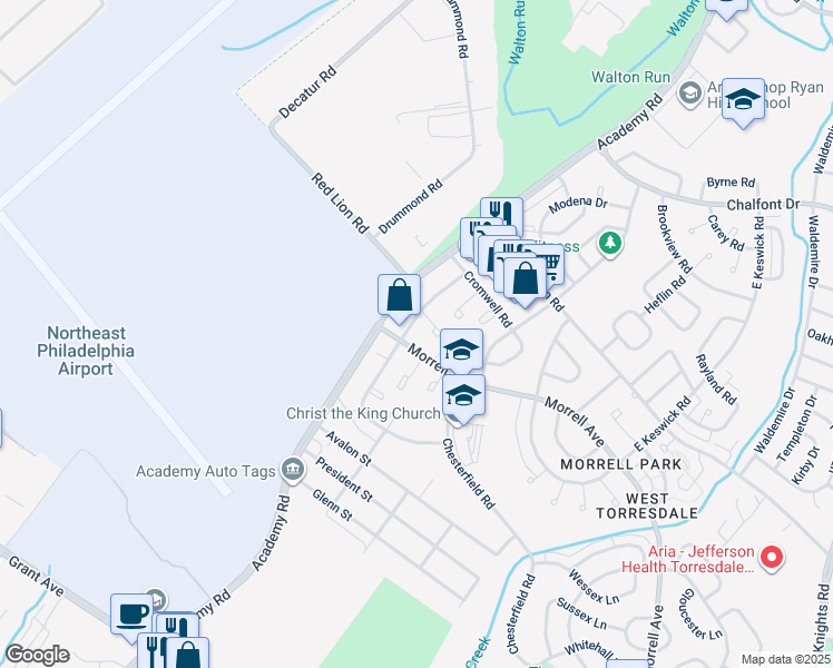 map of restaurants, bars, coffee shops, grocery stores, and more near 10107 North Canterbury Road in Philadelphia