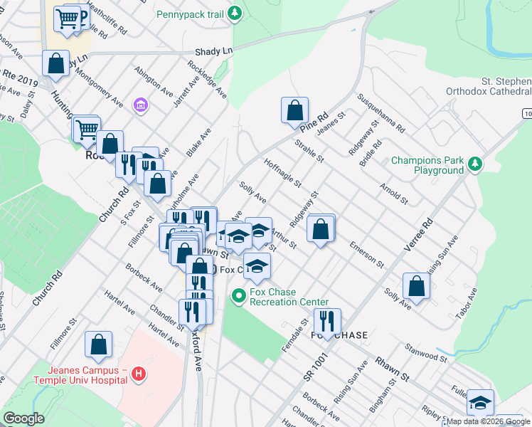 map of restaurants, bars, coffee shops, grocery stores, and more near 8116 Jeanes Street in Philadelphia
