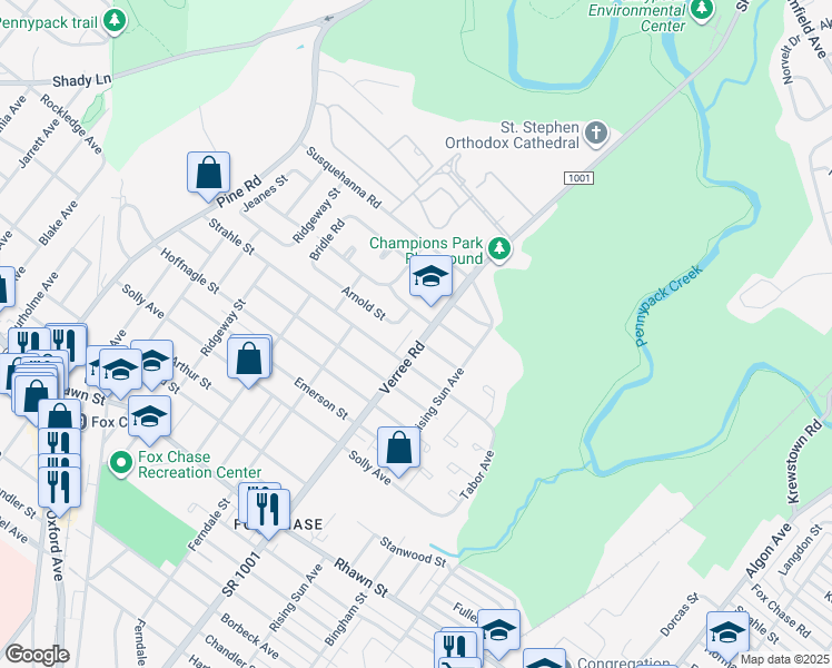 map of restaurants, bars, coffee shops, grocery stores, and more near 8418 Verree Road in Philadelphia