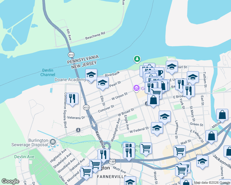 map of restaurants, bars, coffee shops, grocery stores, and more near 224 Talbot Street in Burlington