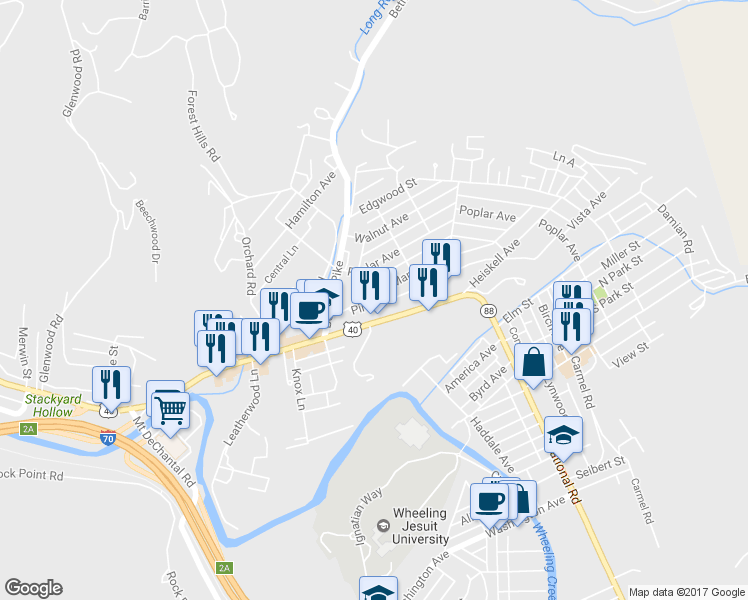 map of restaurants, bars, coffee shops, grocery stores, and more near 9 Maple Avenue in Wheeling