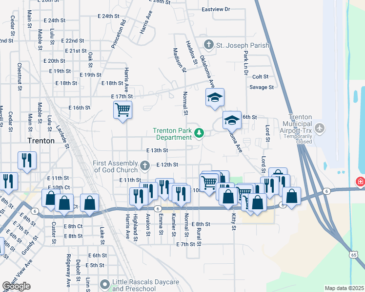 map of restaurants, bars, coffee shops, grocery stores, and more near 1401-1499 E 13th St in Trenton