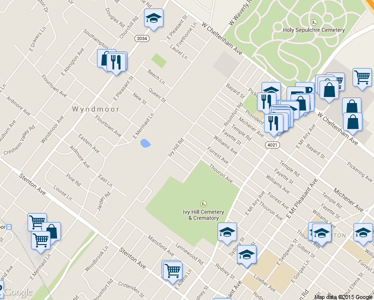 map of restaurants, bars, coffee shops, grocery stores, and more near 8638 Thouron Avenue in Philadelphia
