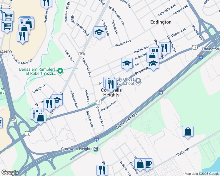 map of restaurants, bars, coffee shops, grocery stores, and more near 1035 Johanna Avenue in Bensalem