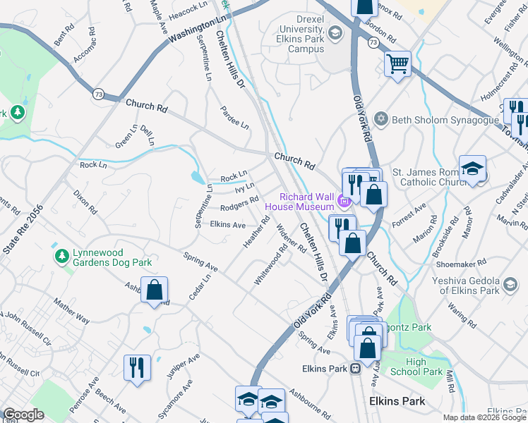 map of restaurants, bars, coffee shops, grocery stores, and more near 826 Widener Road in Elkins Park
