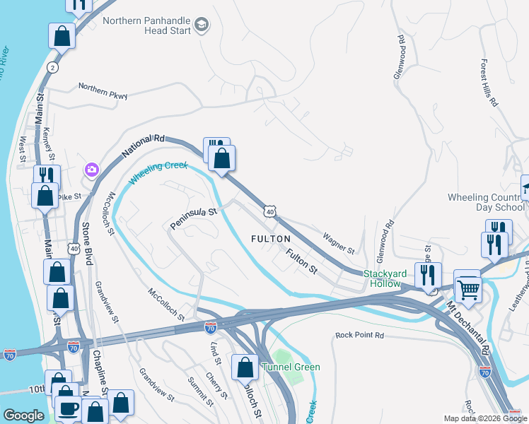 map of restaurants, bars, coffee shops, grocery stores, and more near 424 National Rd in Wheeling