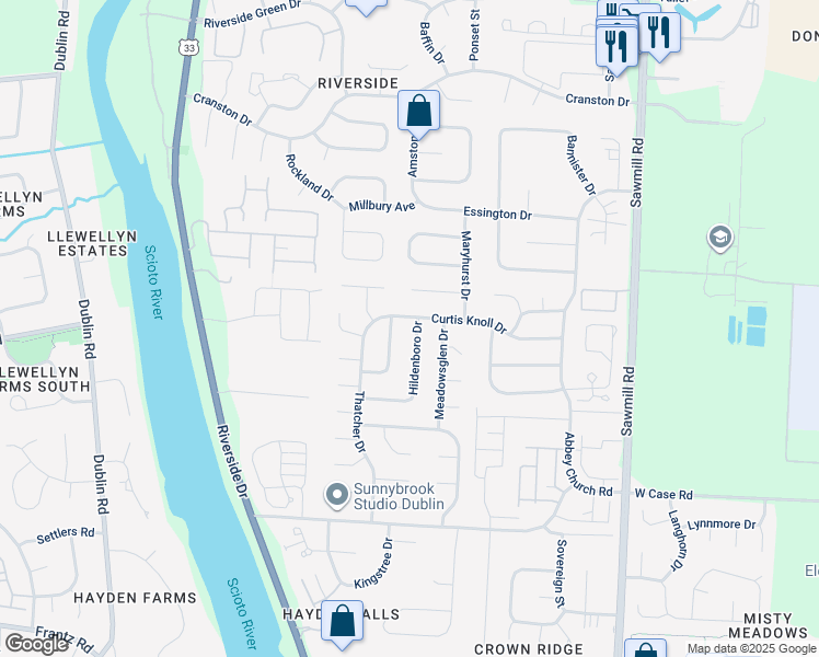 map of restaurants, bars, coffee shops, grocery stores, and more near 6078 Renfield Drive in Dublin