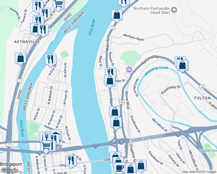 map of restaurants, bars, coffee shops, grocery stores, and more near 441 Main Street in Wheeling