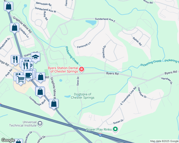 map of restaurants, bars, coffee shops, grocery stores, and more near 251 Byers Road in Chester Springs