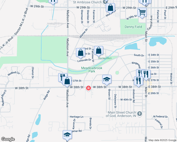 map of restaurants, bars, coffee shops, grocery stores, and more near 600 South Parkway Drive in Anderson