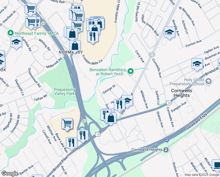map of restaurants, bars, coffee shops, grocery stores, and more near 1707 George Street in Bensalem
