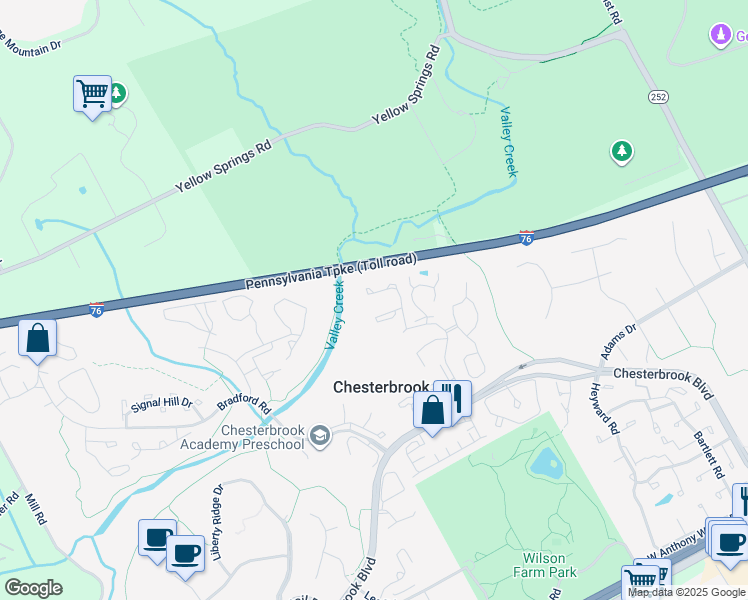 map of restaurants, bars, coffee shops, grocery stores, and more near 48 Iroquois Court in Chesterbrook