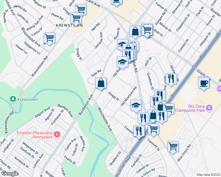 map of restaurants, bars, coffee shops, grocery stores, and more near 9101 Old Bustleton Avenue in Philadelphia