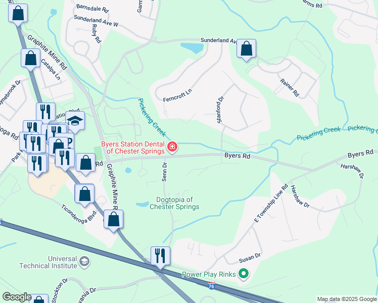 map of restaurants, bars, coffee shops, grocery stores, and more near 251 Byers Road in Chester Springs