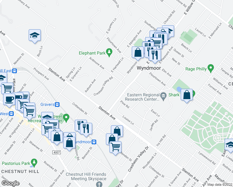 map of restaurants, bars, coffee shops, grocery stores, and more near 518 Wyndmoor Avenue in Wyndmoor