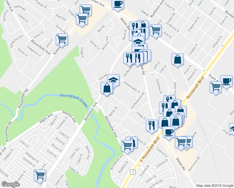 map of restaurants, bars, coffee shops, grocery stores, and more near 9101 Bustleton Ave in Philadelphia