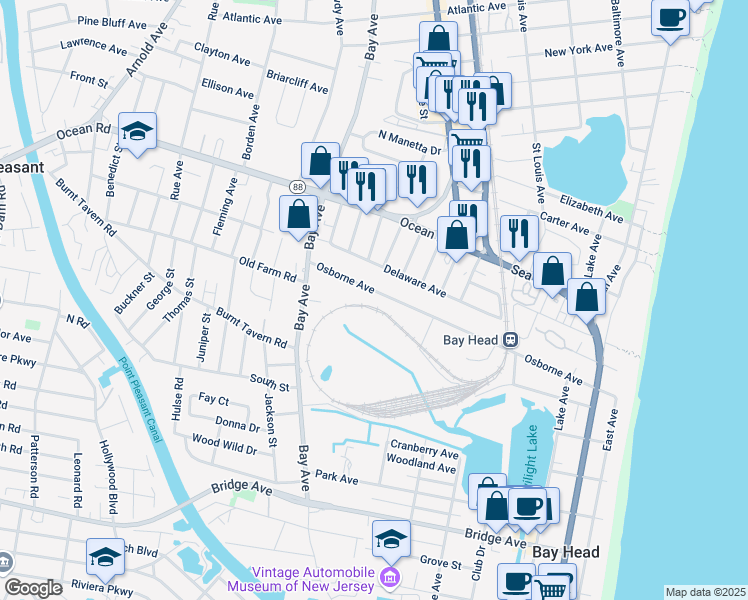 map of restaurants, bars, coffee shops, grocery stores, and more near 245 Osborne Avenue in Bay Head