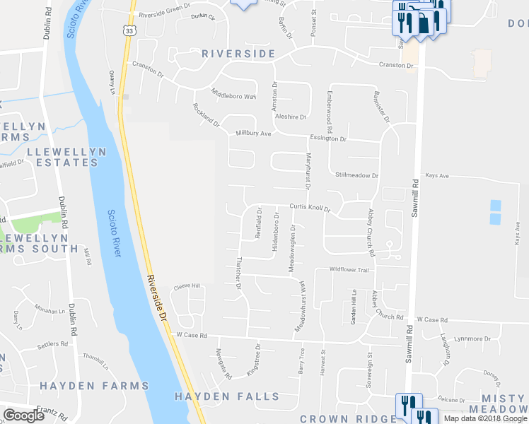 map of restaurants, bars, coffee shops, grocery stores, and more near 6078 Renfield Drive in Dublin