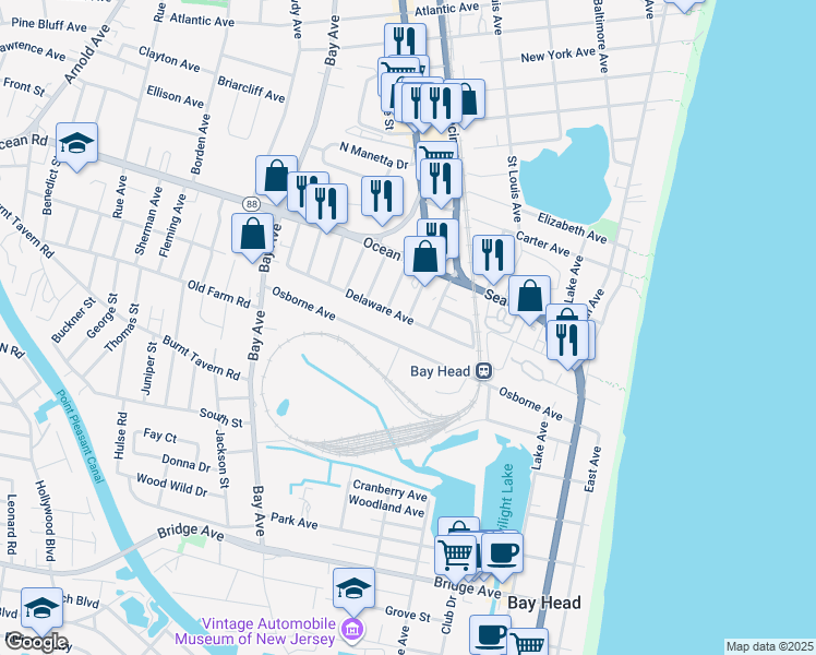 map of restaurants, bars, coffee shops, grocery stores, and more near 526 Delaware Avenue in Point Pleasant Beach