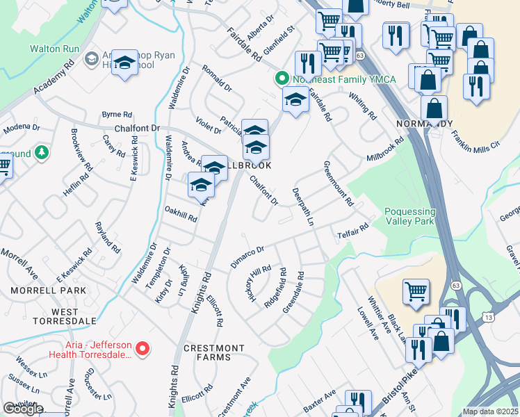 map of restaurants, bars, coffee shops, grocery stores, and more near 11105 Dora Drive in Philadelphia