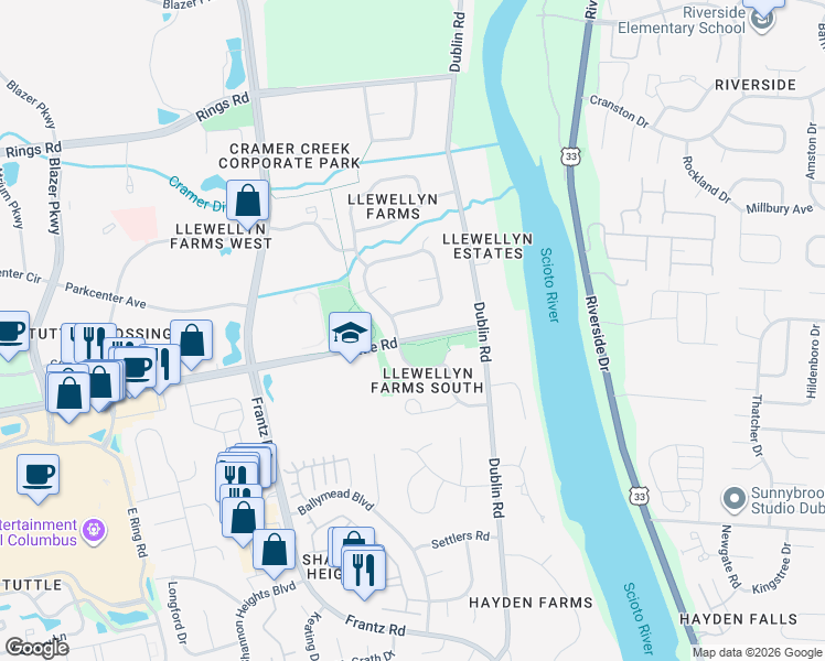 map of restaurants, bars, coffee shops, grocery stores, and more near 4614 Tuttle Road in Dublin