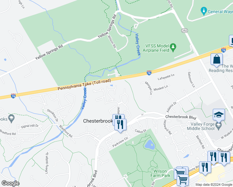 map of restaurants, bars, coffee shops, grocery stores, and more near 503 Kettlehouse Pond in Chesterbrook