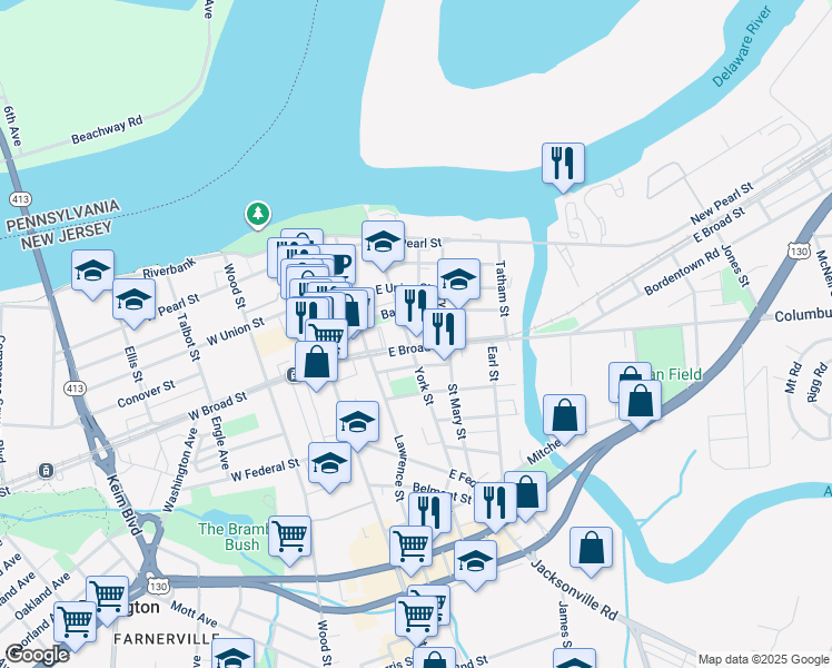 map of restaurants, bars, coffee shops, grocery stores, and more near 205 East Broad Street in Burlington