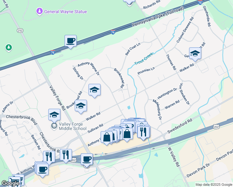 map of restaurants, bars, coffee shops, grocery stores, and more near 1329 Anthony Wayne Drive in Wayne