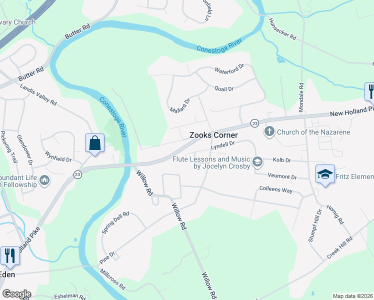map of restaurants, bars, coffee shops, grocery stores, and more near 2058 New Holland Pike in Lancaster