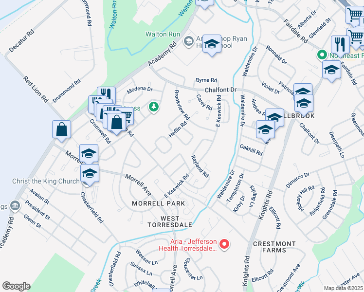 map of restaurants, bars, coffee shops, grocery stores, and more near 3548 Kyle Road in Philadelphia