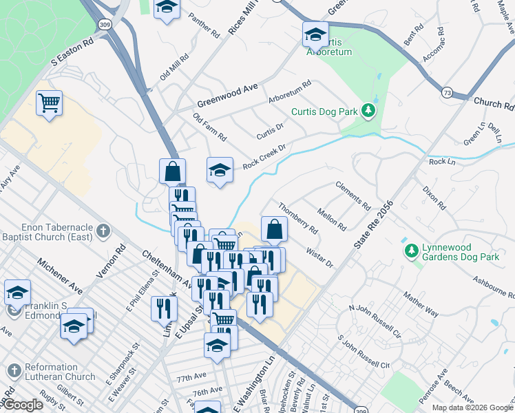 map of restaurants, bars, coffee shops, grocery stores, and more near 7720 Green Valley Road in Wyncote