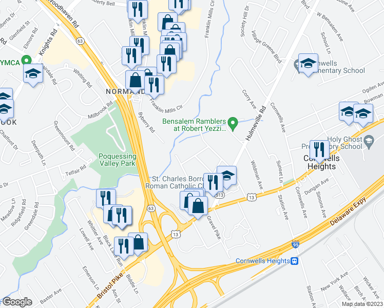 map of restaurants, bars, coffee shops, grocery stores, and more near 1646 George Street in Bensalem