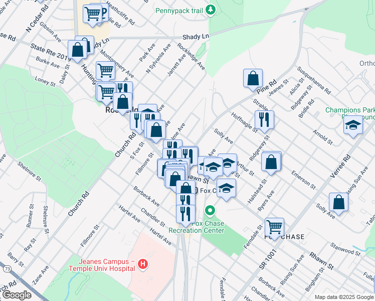 map of restaurants, bars, coffee shops, grocery stores, and more near 8040 Pine Road in Philadelphia