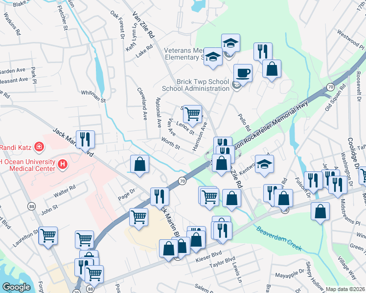 map of restaurants, bars, coffee shops, grocery stores, and more near 281 Worth Street in Brick Township