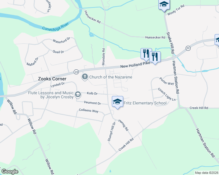 map of restaurants, bars, coffee shops, grocery stores, and more near 889 Hornig Road in Lancaster
