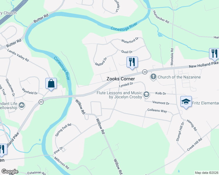 map of restaurants, bars, coffee shops, grocery stores, and more near 2058 New Holland Pike in Lancaster