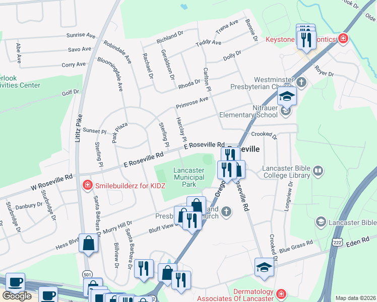 map of restaurants, bars, coffee shops, grocery stores, and more near 326 East Roseville Road in Lancaster