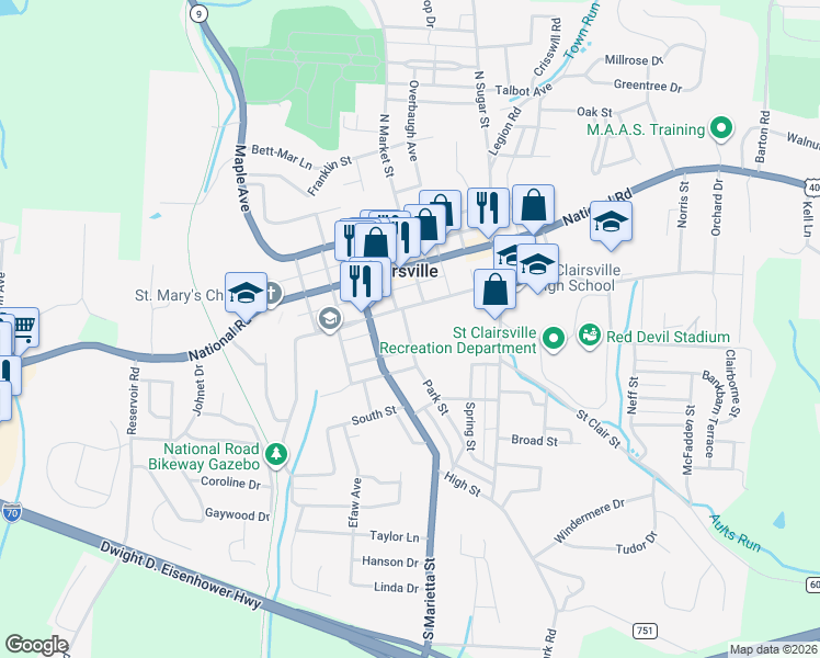 map of restaurants, bars, coffee shops, grocery stores, and more near 100 Park Street in Saint Clairsville