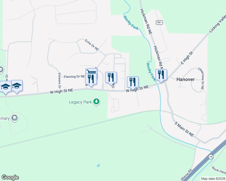 map of restaurants, bars, coffee shops, grocery stores, and more near 2255 West High Street Northeast in Hanover