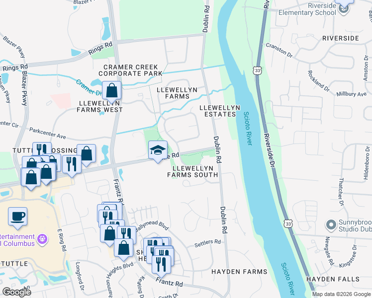 map of restaurants, bars, coffee shops, grocery stores, and more near 4614 Tuttle Road in Dublin