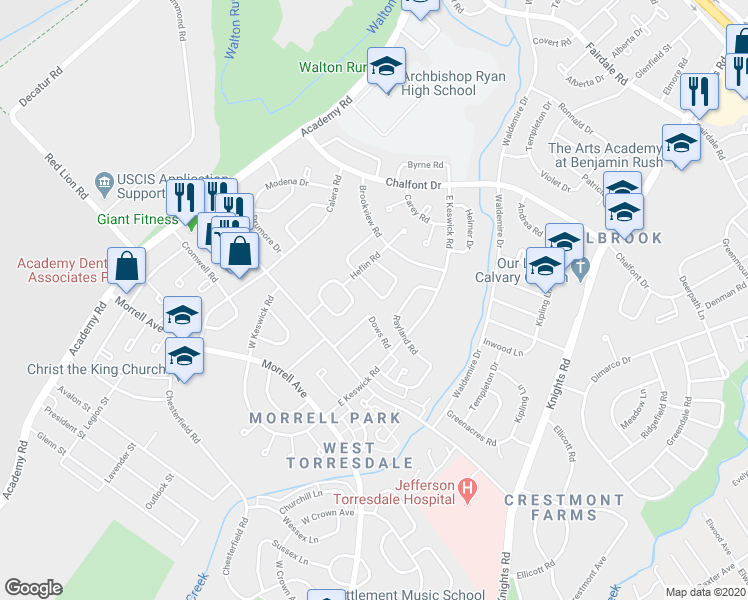 map of restaurants, bars, coffee shops, grocery stores, and more near 3548 Kyle Road in Philadelphia