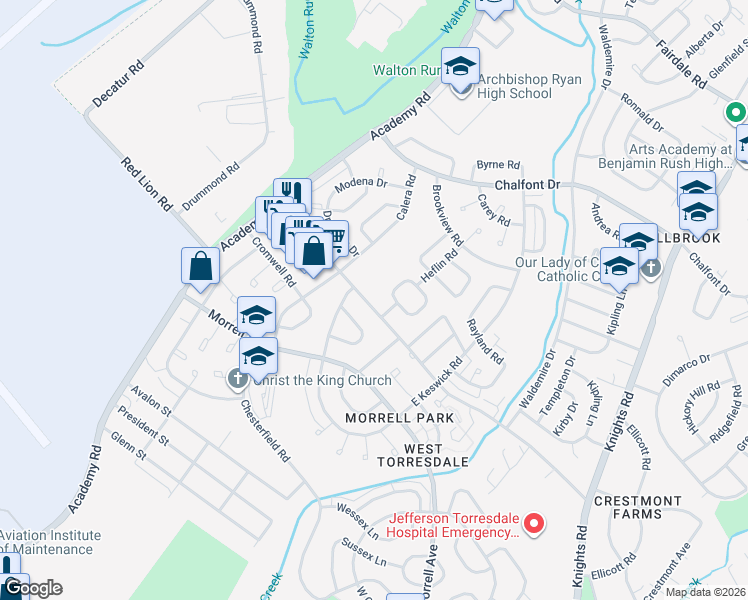 map of restaurants, bars, coffee shops, grocery stores, and more near 3308 Red Lion Road in Philadelphia